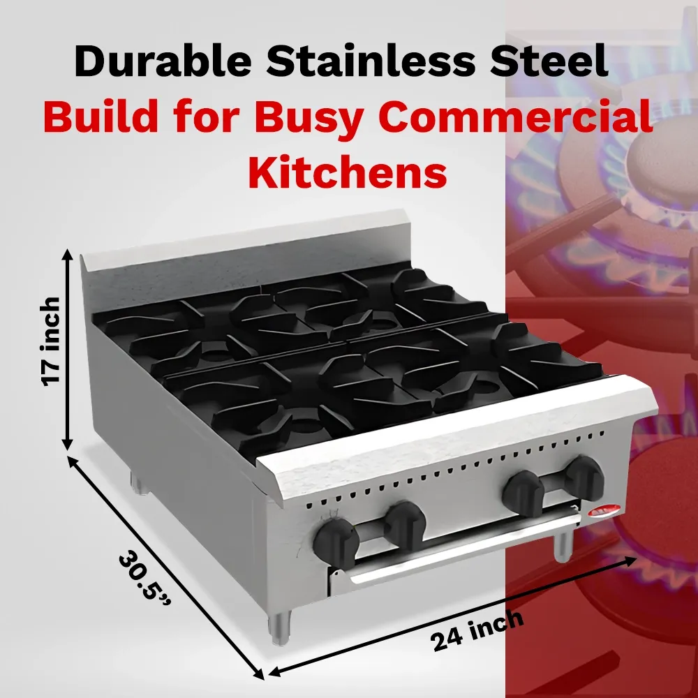 BakeMax Four-burner gas hotplate, compact countertop design built for quick, controlled heating in commercial kitchens with heavy-duty construction.
