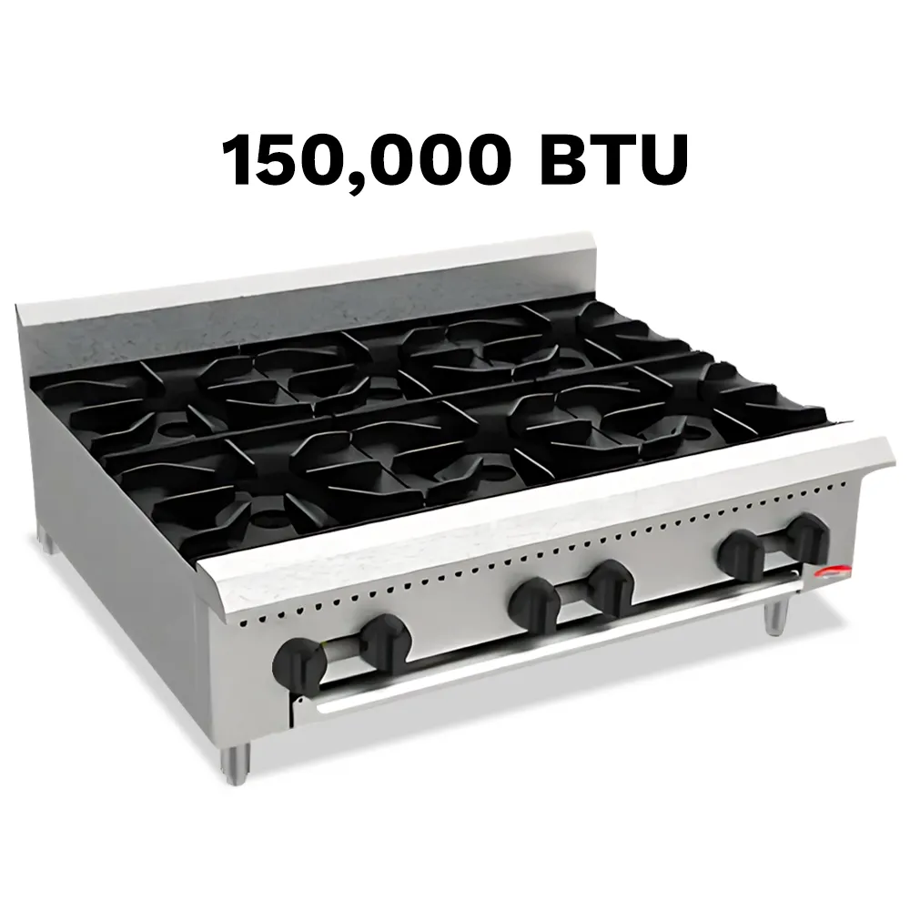 BakeMax natural Gas countertop hotplate with six burners, manual controls, and solid surface, ideal for fast cooking tasks in busy commercial kitchens