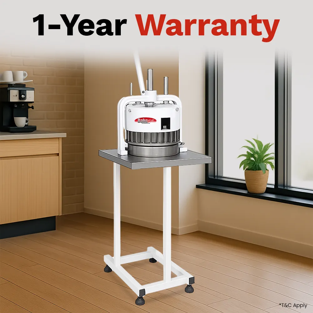 BakeMax BAHBD02 Titan Series manual dough divider with stainless steel base, hand-operated pressing mechanism, and compact countertop bakery design.