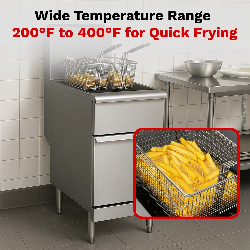 BakeMax Small natural gas fryer with space-saving floor design, perfect for smaller kitchens with daily deep frying needs and built to last years.