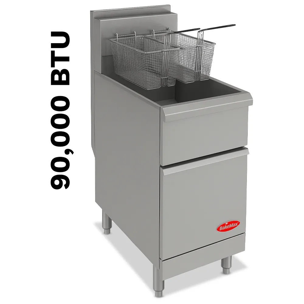 BakeMax Small natural gas fryer with space-saving floor design, perfect for smaller kitchens with daily deep frying needs and built to last years.