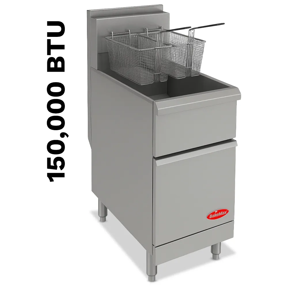 BakeMax Floor-model natural gas fryer with large oil capacity, designed for continuous high-volume frying in professional kitchens with sturdy finish.
