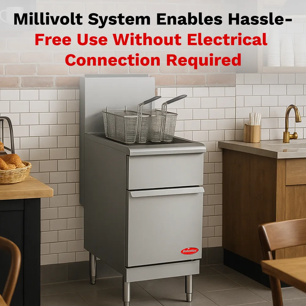 BakeMax Floor-model natural gas fryer with large oil capacity, designed for continuous high-volume frying in professional kitchens with sturdy finish.