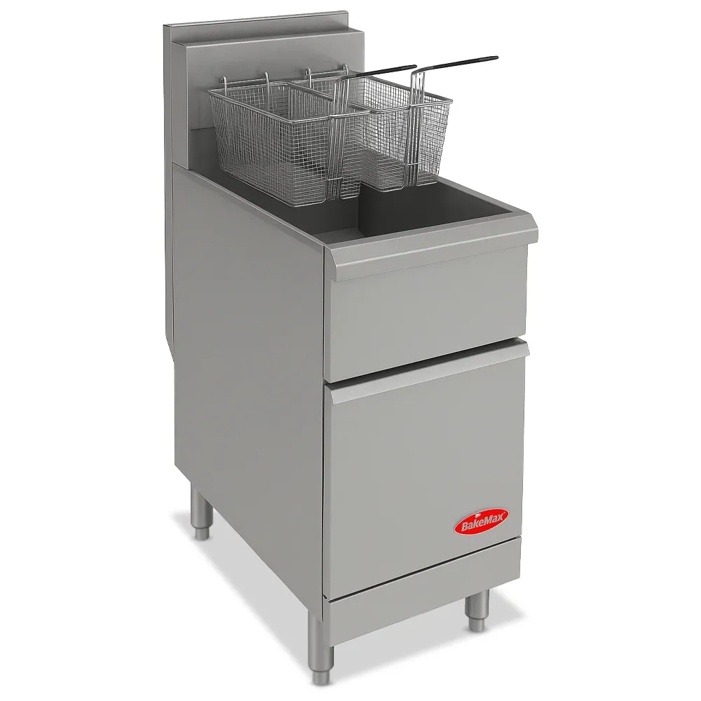 BakeMax Floor-model propane gas fryer with medium oil capacity, ideal for high-performance frying in busy foodservice spaces requiring reliability.