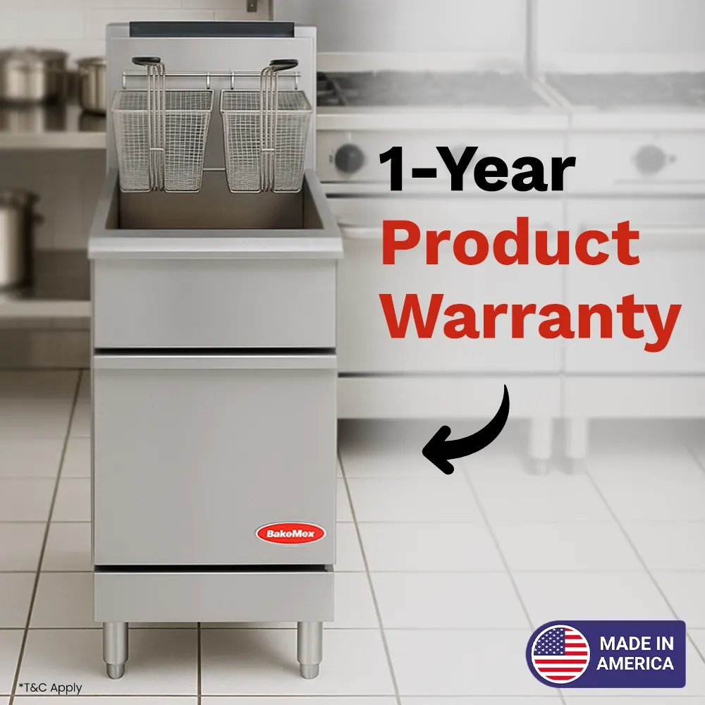BakeMax Floor-model propane gas fryer with medium oil capacity, ideal for high-performance frying in busy foodservice spaces requiring reliability.