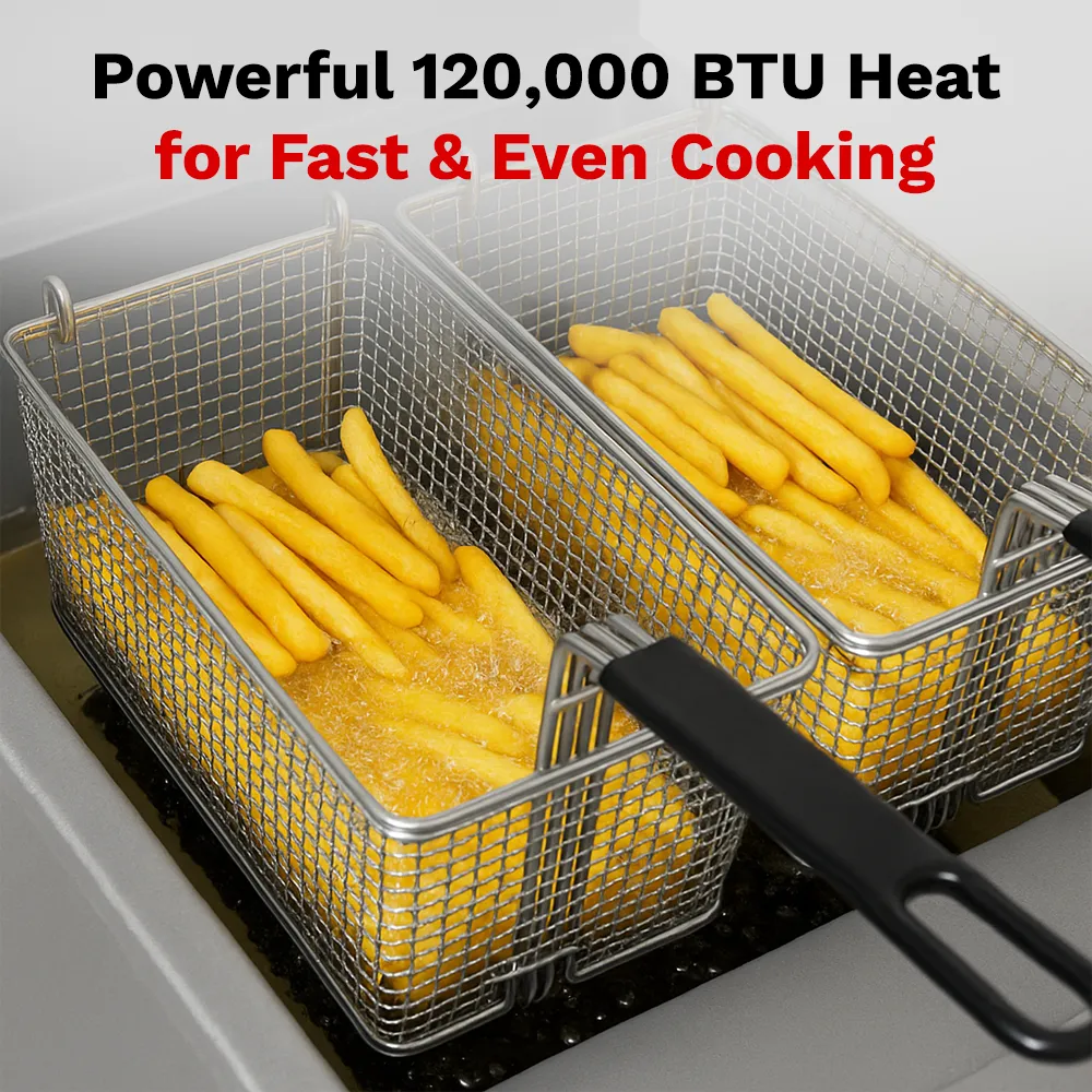 BakeMax Floor-model propane gas fryer with medium oil capacity, ideal for high-performance frying in busy foodservice spaces requiring reliability.