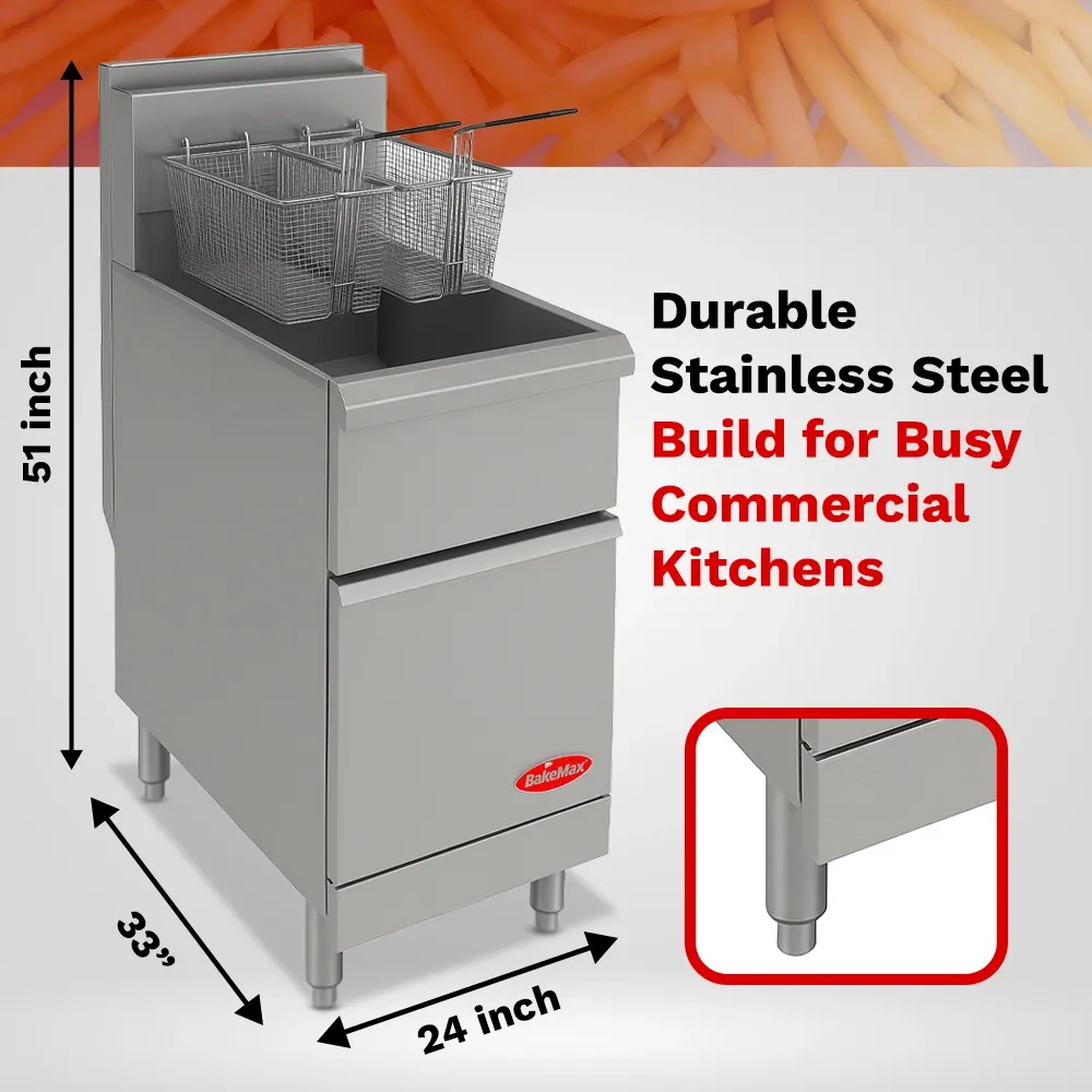 bakemax Floor-model propane gas fryer with large oil capacity, built for high-volume frying in demanding commercial kitchens with durable construction