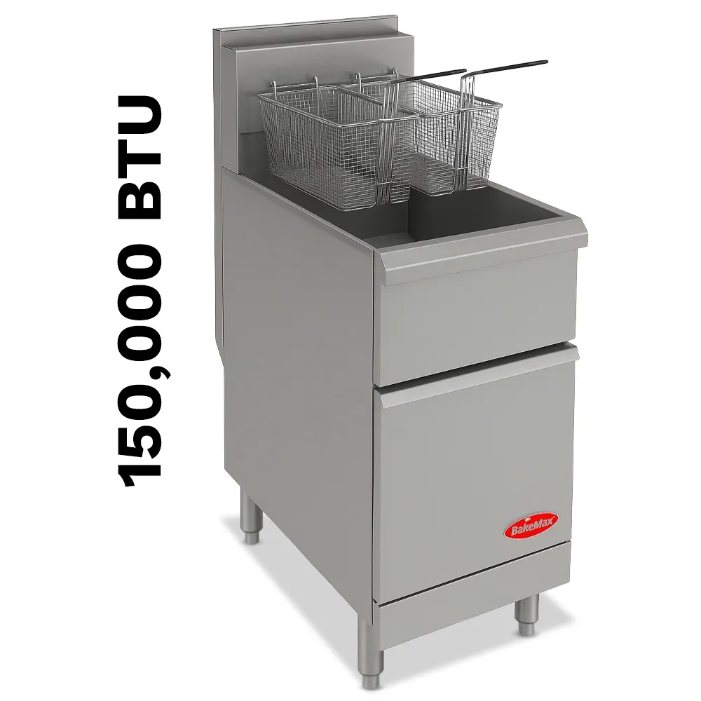 bakemax Floor-model propane gas fryer with large oil capacity, built for high-volume frying in demanding commercial kitchens with durable construction