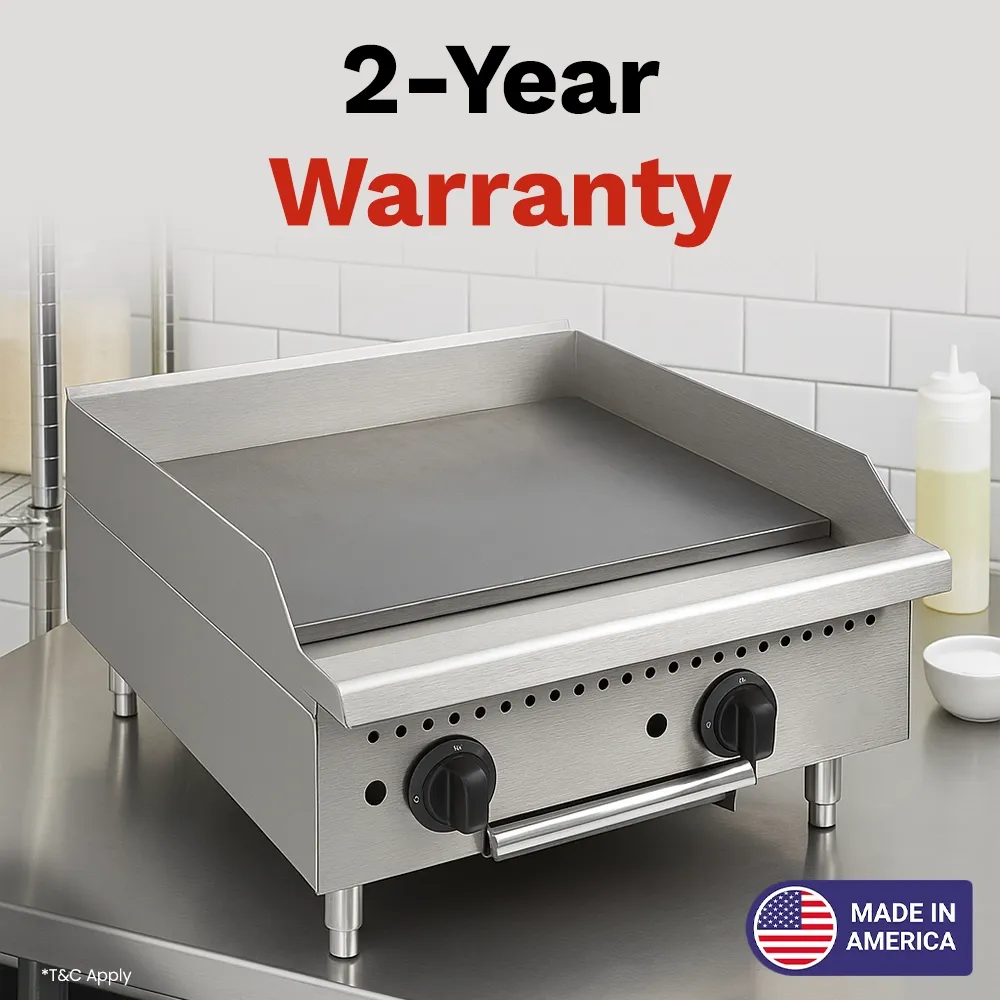 BakeMax twenty-four-inch thermostatic gas griddle, ideal for trucks, kiosks, or cafés with limited kitchen space, runs quietly and efficiently.