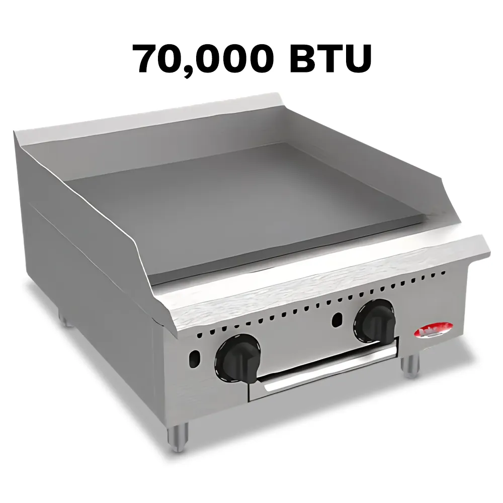 BakeMax twenty-four-inch thermostatic gas griddle, ideal for trucks, kiosks, or cafés with limited kitchen space, runs quietly and efficiently.