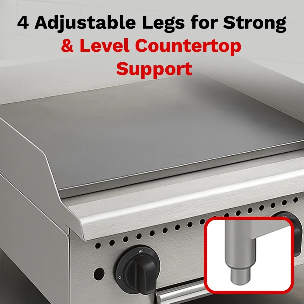 BakeMax twenty-four-inch thermostatic gas griddle, ideal for trucks, kiosks, or cafés with limited kitchen space, runs quietly and efficiently.