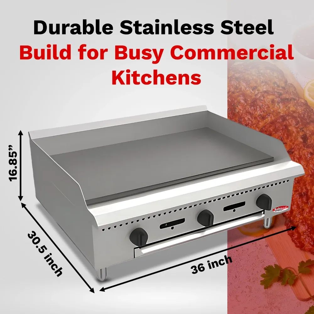 BakeMax Thirty-six-inch thermostatic gas griddle, perfect for cafés or diners needing reliable, consistent flat-top heat with durable non-slip knobs.