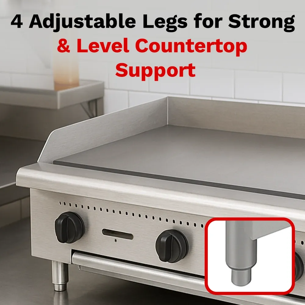 BakeMax Thirty-six-inch thermostatic gas griddle, perfect for cafés or diners needing reliable, consistent flat-top heat with durable non-slip knobs.