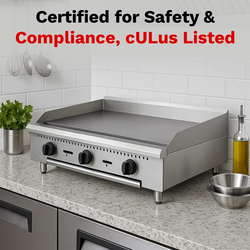 BakeMax Thirty-six-inch thermostatic gas griddle, perfect for cafés or diners needing reliable, consistent flat-top heat with durable non-slip knobs.