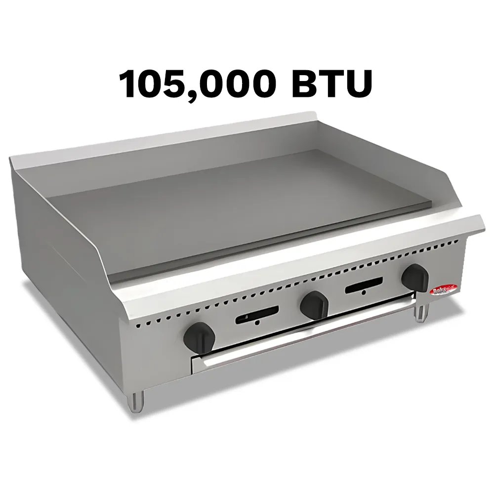 BakeMax Thirty-six-inch thermostatic gas griddle, perfect for cafés or diners needing reliable, consistent flat-top heat with durable non-slip knobs.