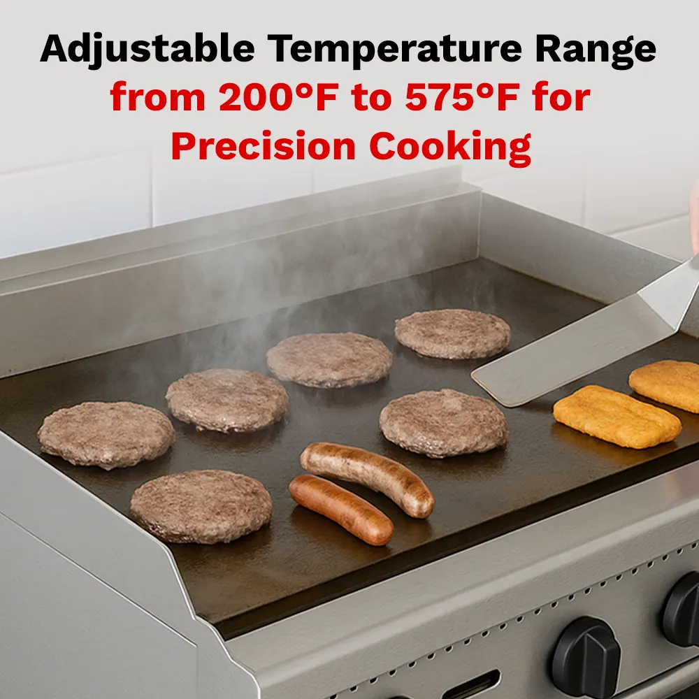 BakeMax Thirty-six-inch thermostatic gas griddle, perfect for cafés or diners needing reliable, consistent flat-top heat with durable non-slip knobs.