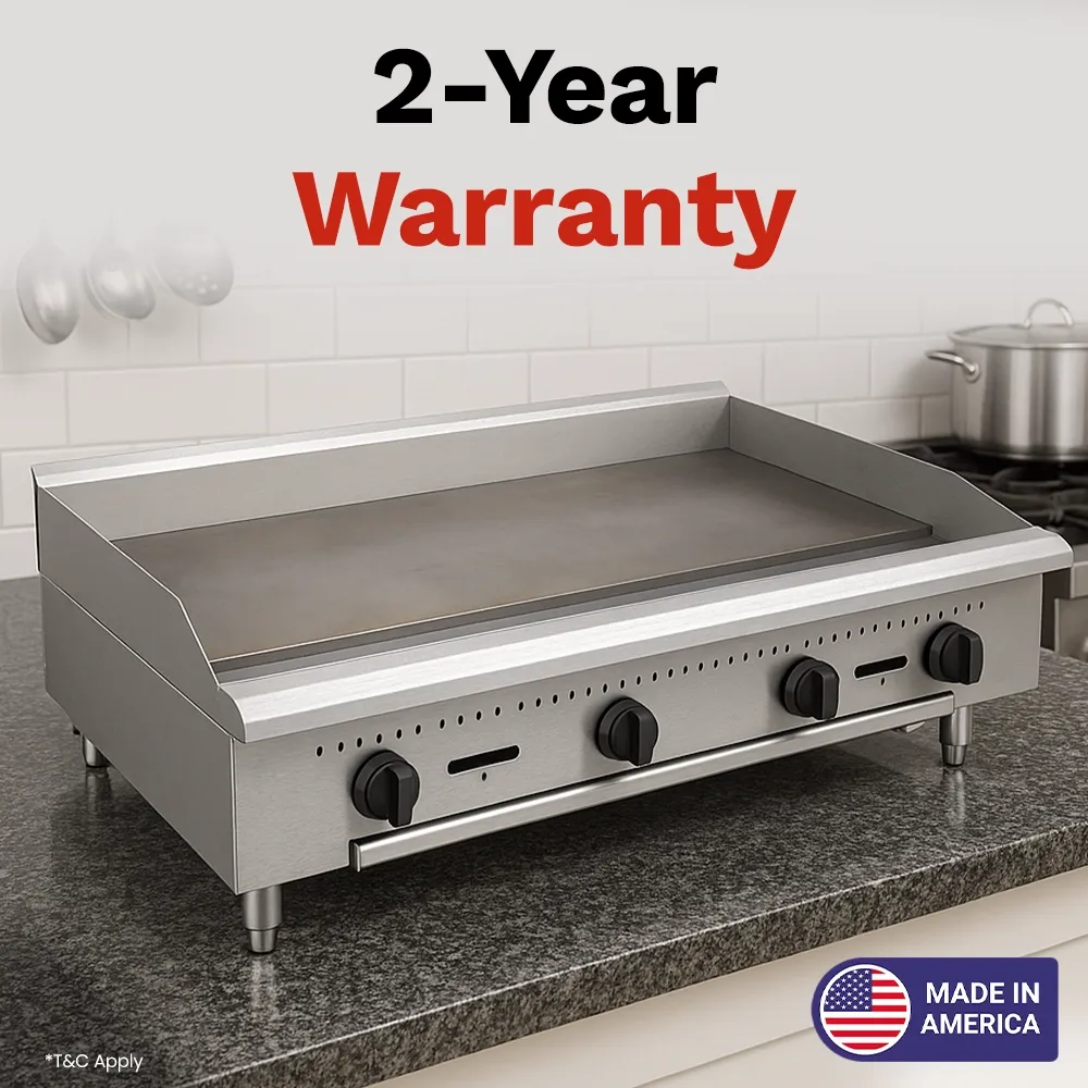 BakeMax Forty-eight-inch gas griddle with manual controls and heavy-duty plate, great for breakfast, burgers, and all-day service in busy kitchens.