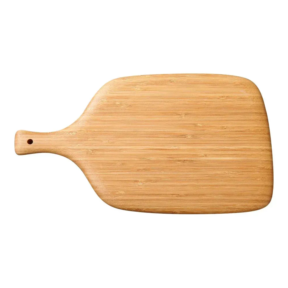 Natural bamboo paddle board by Yanco China, used for prep or stylish food presentation, ideal for serving charcuterie, bread, or hors doeuvres.