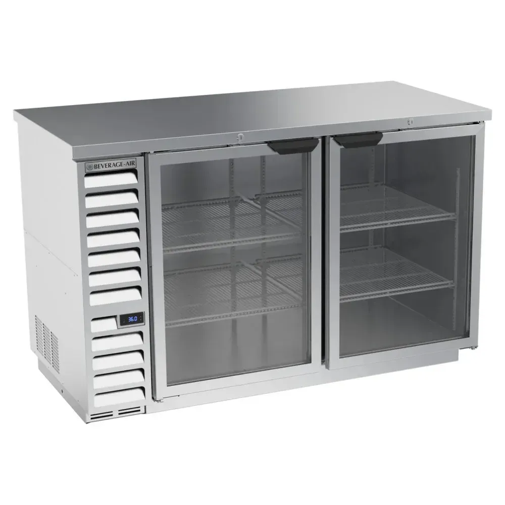 Stainless steel counter height back bar refrigerator from Beverage-Air with glass doors offers attractive drink display and health compliance.