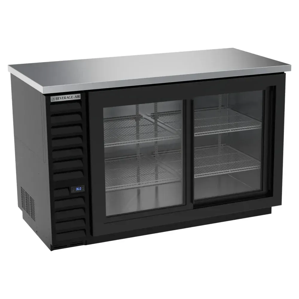 Black counter height back bar refrigerator with sliding glass doors from Beverage-Air for stylish drink storage in modern bar setups.