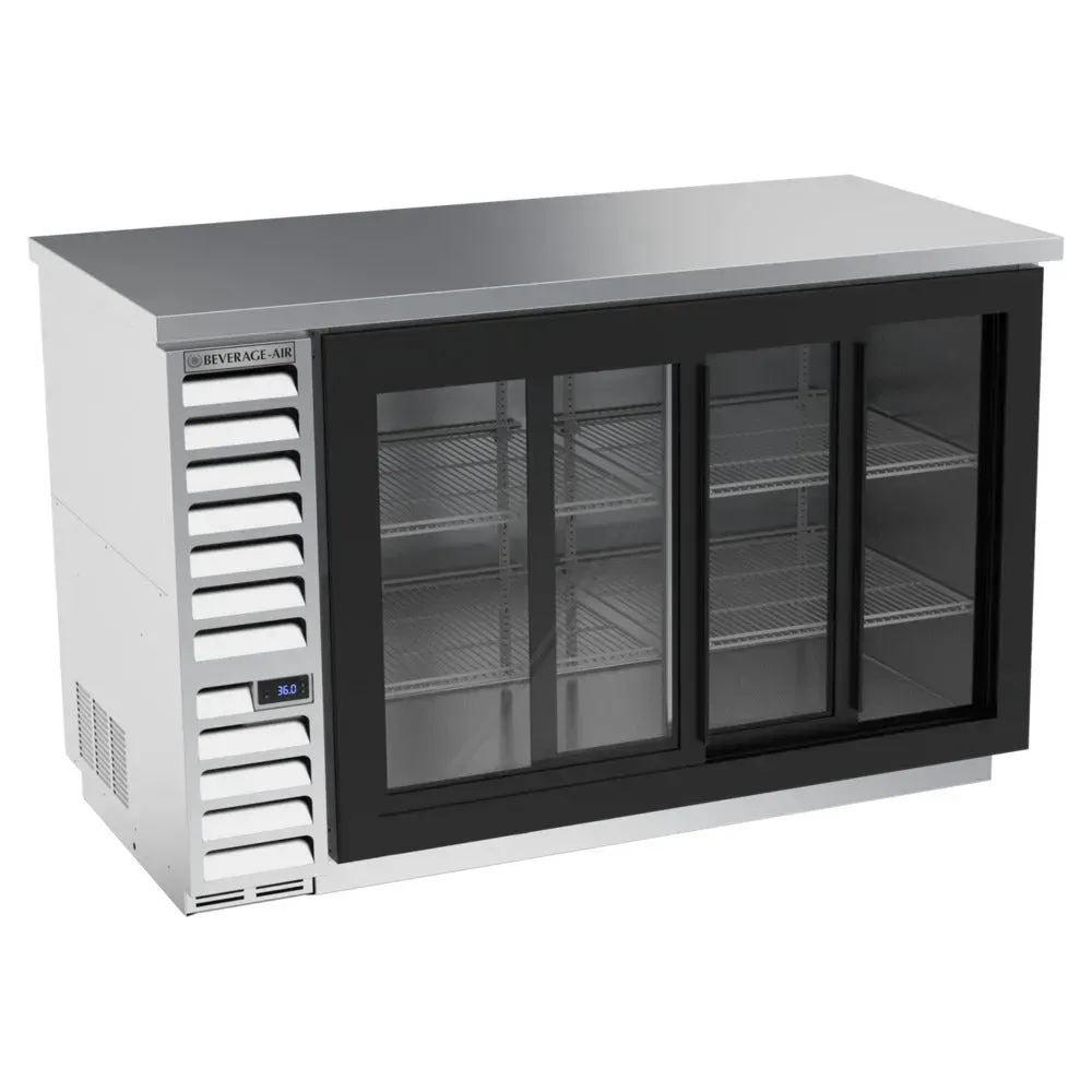 Stainless counter height back bar refrigerator with glass doors from Beverage-Air for professional drink display and energy efficiency.