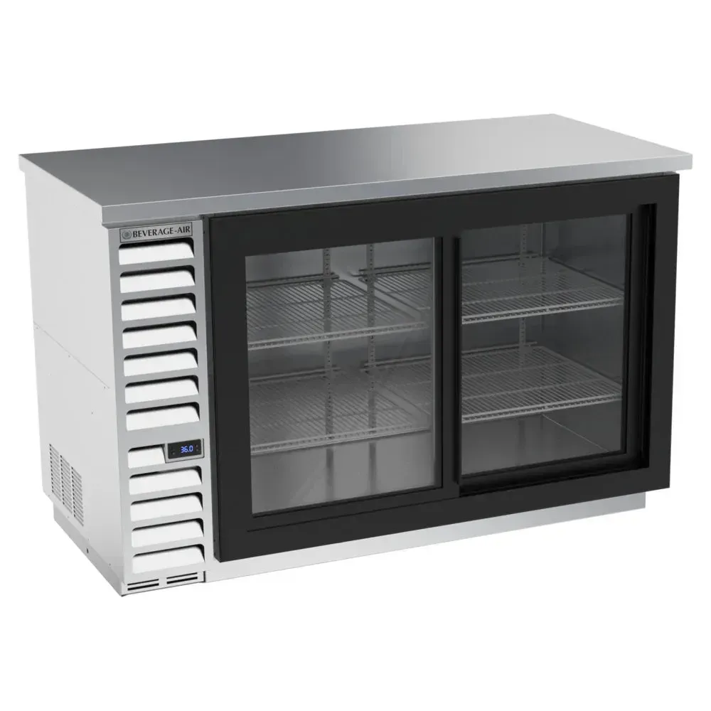 Stainless counter height back bar refrigerator with sliding glass doors from Beverage-Air for attractive drink display and access.