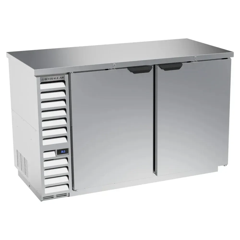 Stainless counter height back bar refrigerator with solid doors from Beverage-Air for bars needing reliable and hygienic storage.