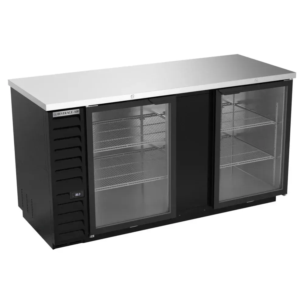 Black counter height food-rated back bar refrigerator with glass doors from Beverage-Air for product visibility and secure storage.