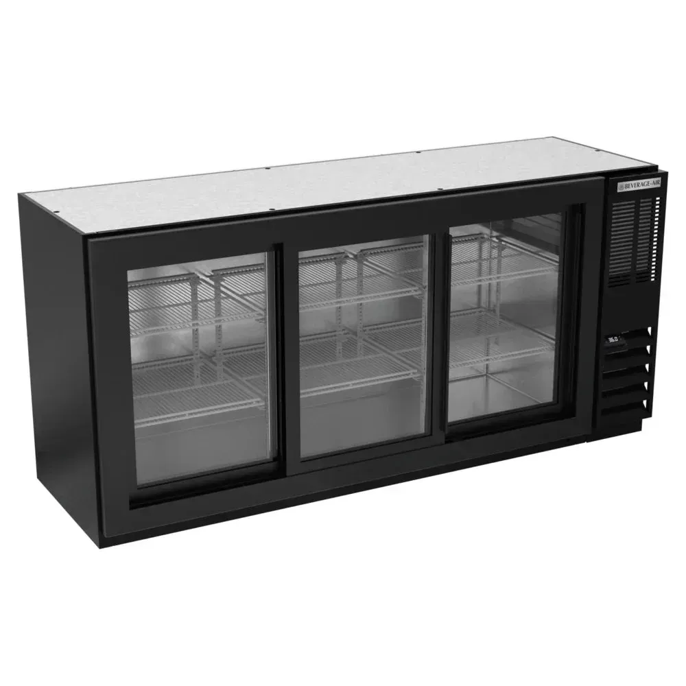 Black underbar back bar refrigerator with sliding glass doors from Beverage-Air, food-rated for visible and efficient beverage service.