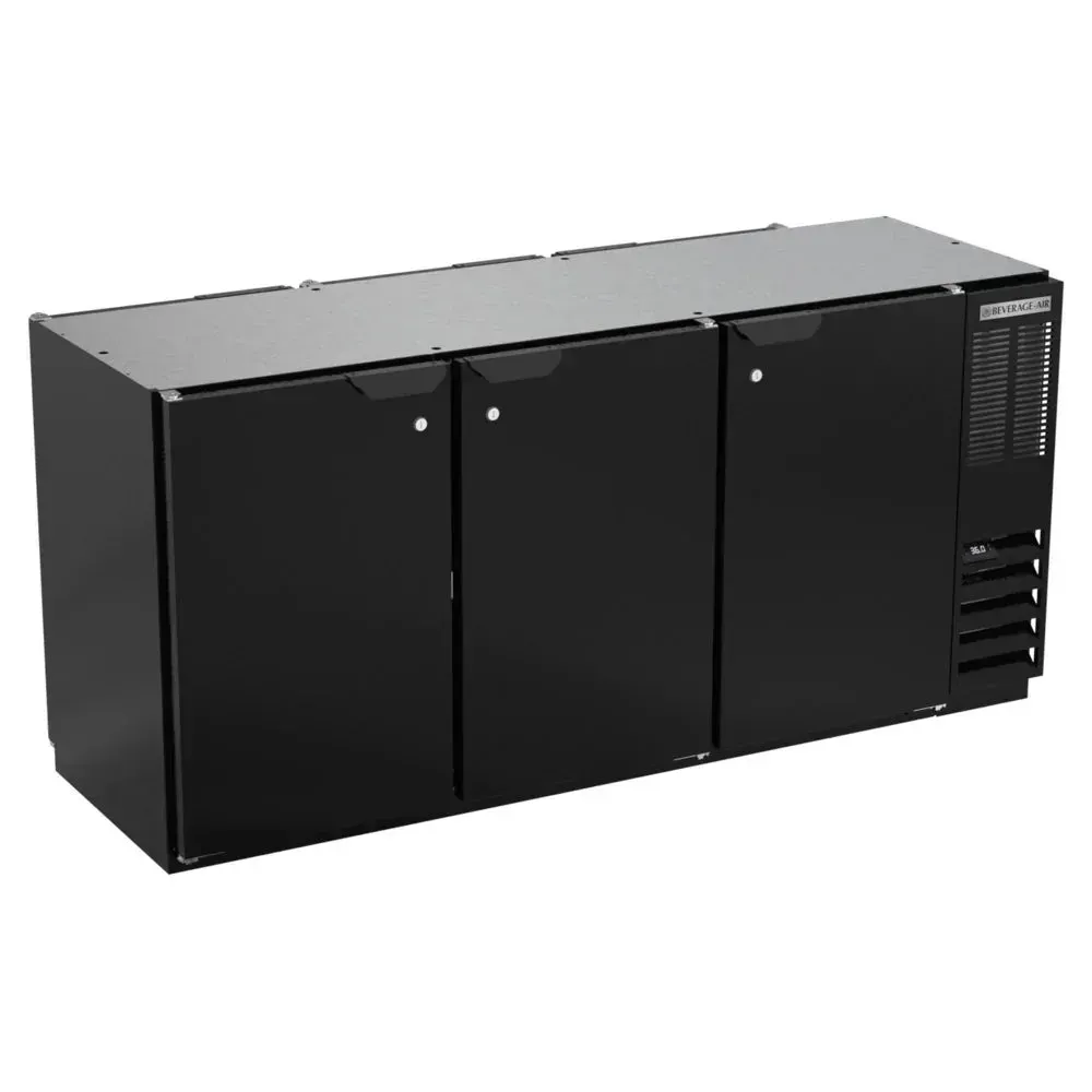 Black underbar food-rated back bar refrigerator with solid doors and pass-through from Beverage-Air for compact and efficient workflows.