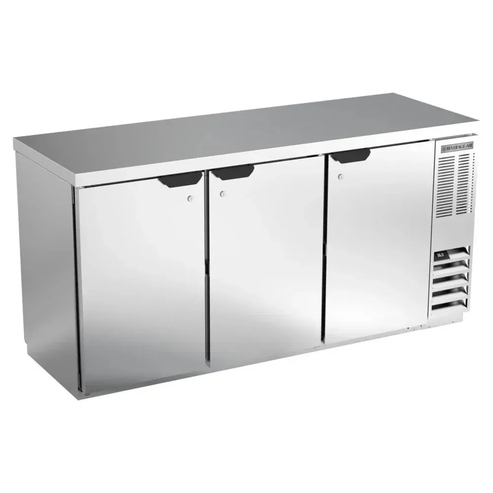 Stainless counter height food-rated back bar refrigerator with solid doors and pass-through from Beverage-Air for safe product storage.