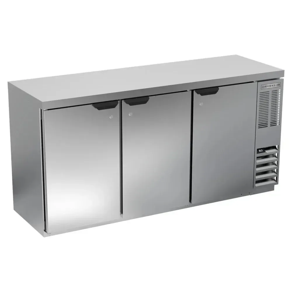 Stainless steel counter height back bar refrigerator with solid doors from Beverage-Air for secure and reliable beverage storage.