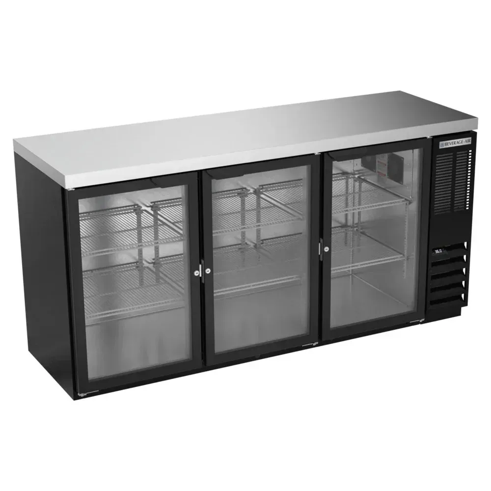 Black counter height back bar refrigerator with glass doors from Beverage-Air for front-of-house beverage display and quick bar service.