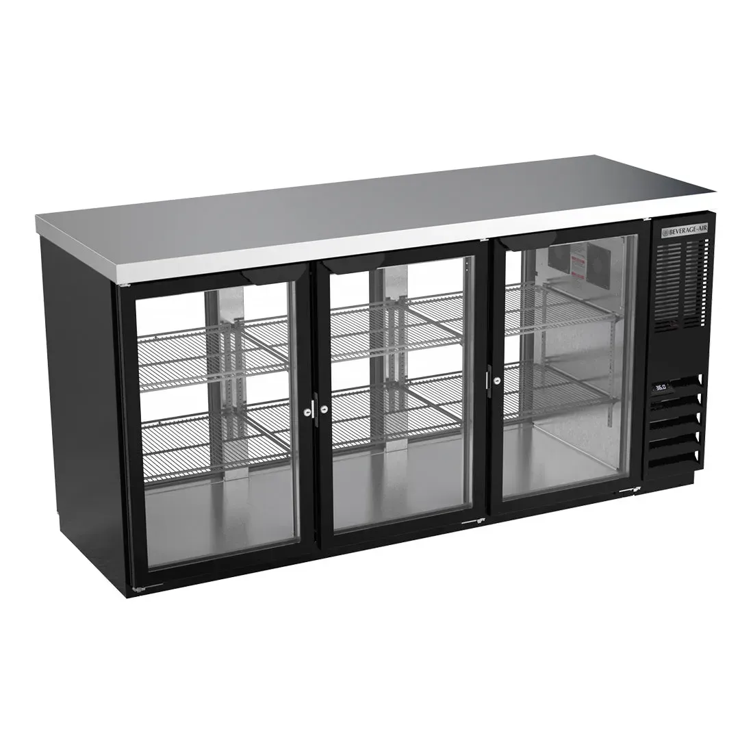 Black pass-through back bar refrigerator from Beverage-Air with glass doors and counter height design for stylish, accessible drink storage.