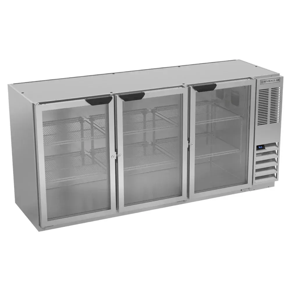 Stainless underbar back bar refrigerator with glass doors from Beverage-Air, ideal for compact and visible storage in busy bar setups.