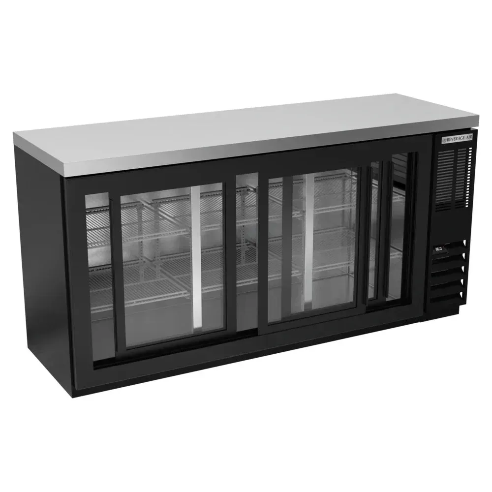 Black counter height back bar refrigerator with sliding glass doors from Beverage-Air for stylish and space-efficient drink presentation.