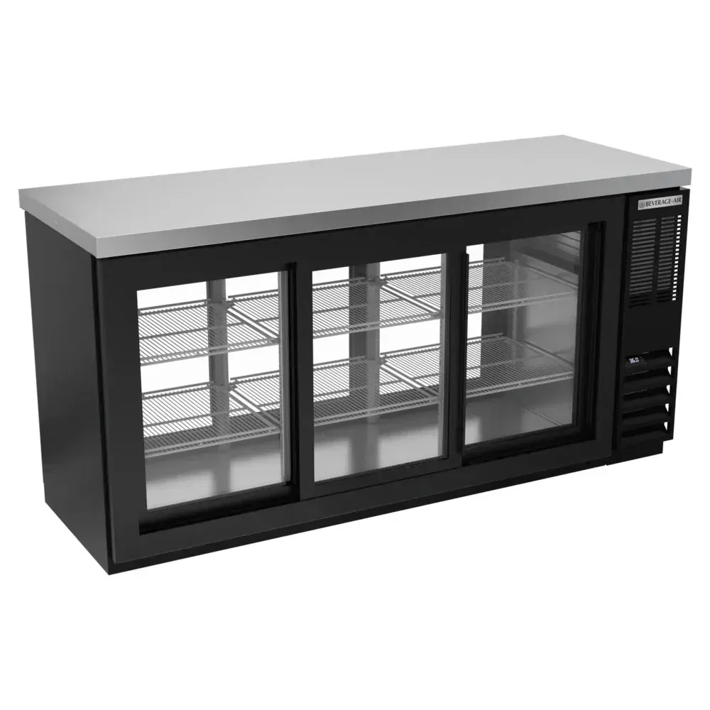 Black counter height food-rated back bar refrigerator by Beverage-Air with sliding glass doors for showcasing drinks and perishables.