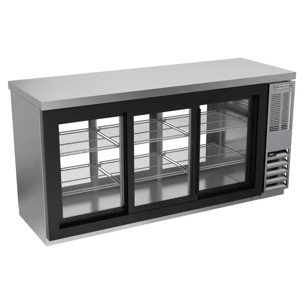 Stainless counter height food-rated back bar refrigerator from Beverage-Air with sliding glass doors for safe and visible cold storage.