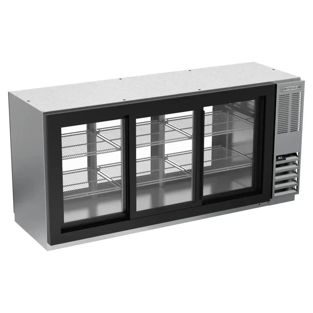 Stainless underbar back bar refrigerator with sliding glass doors from Beverage-Air, food-rated for efficient service and secure storage.