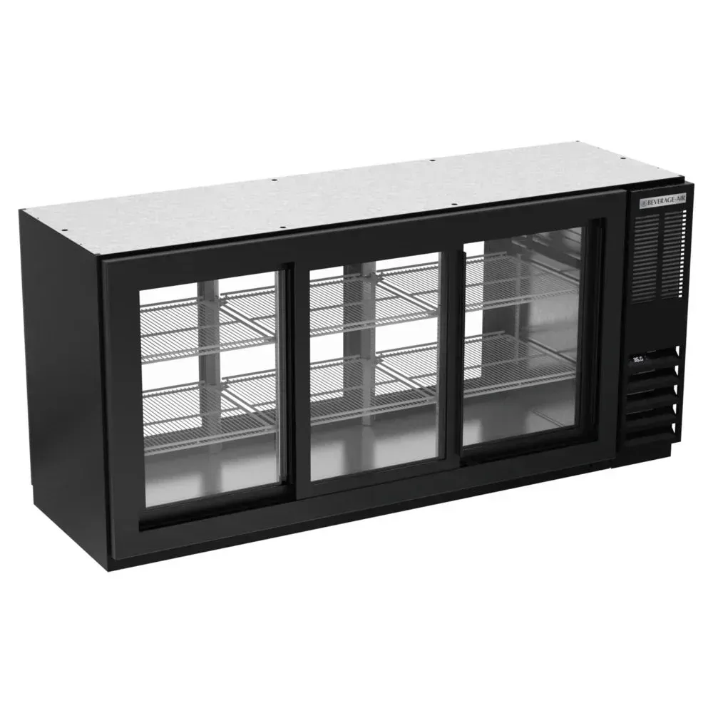Black underbar back bar refrigerator with pass-through glass doors from Beverage-Air, designed for dual access and efficient service.