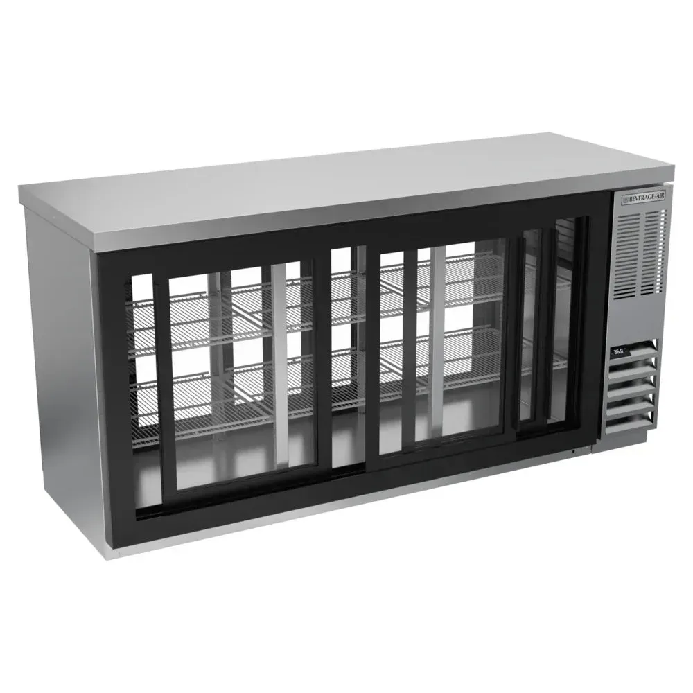 Stainless steel counter height back bar refrigerator from Beverage-Air with pass-through glass doors, ideal for easy access and drink display.