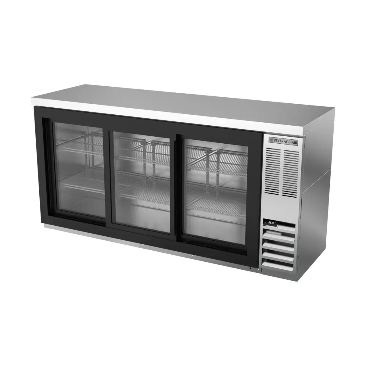 Stainless back bar refrigerator from Beverage-Air with sliding glass doors, food rated and ideal for countertop beverage display in bars.