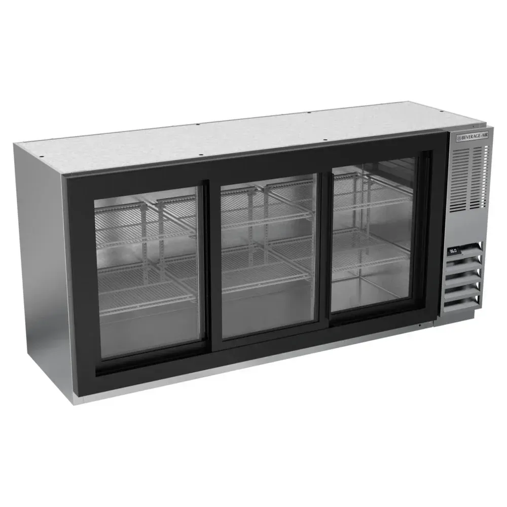 Stainless steel underbar back bar refrigerator by Beverage-Air with sliding glass doors, designed for compact beverage display and quick access.