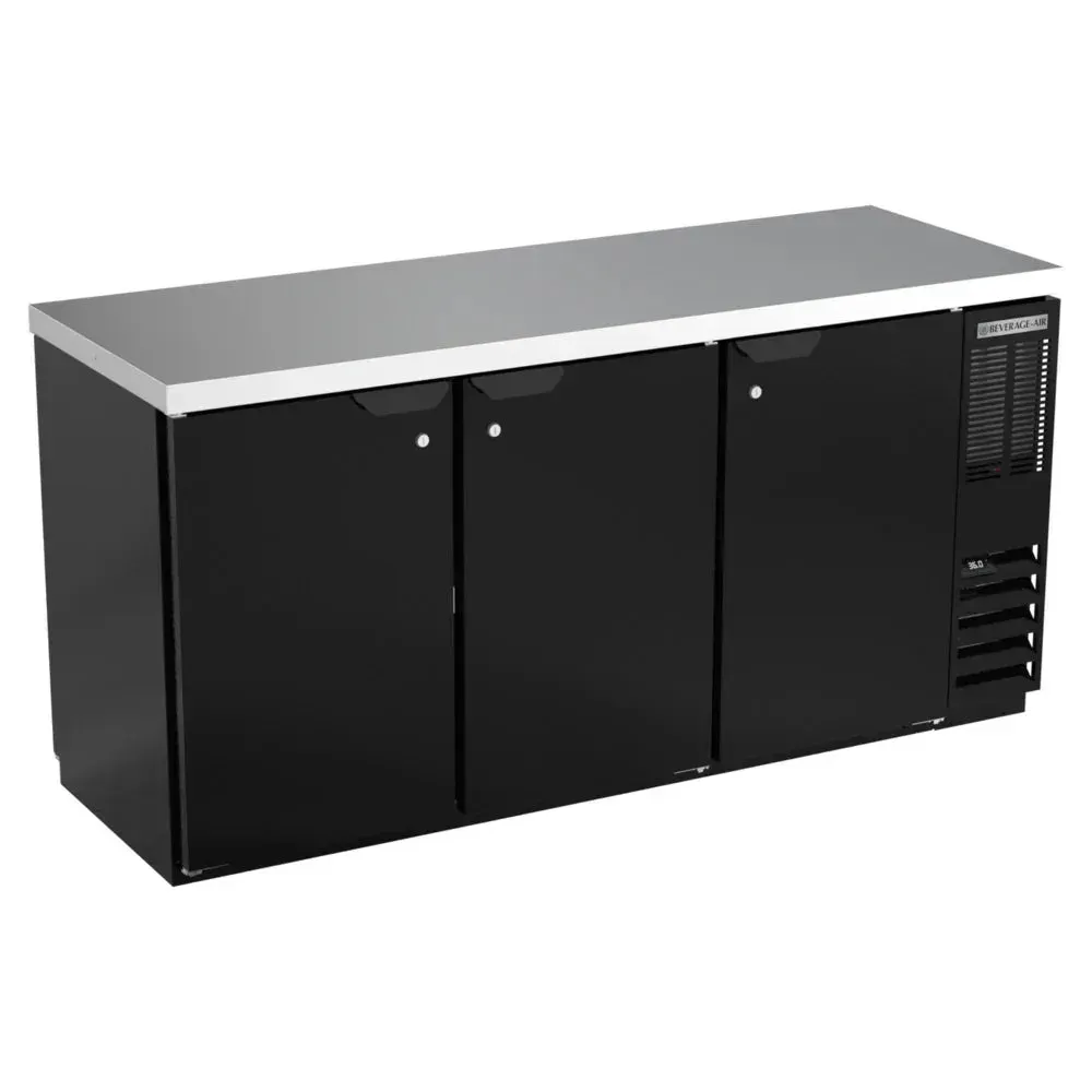 Black pass-through back bar refrigerator from Beverage-Air with solid doors, offering easy access from both sides for fast-paced bar service.