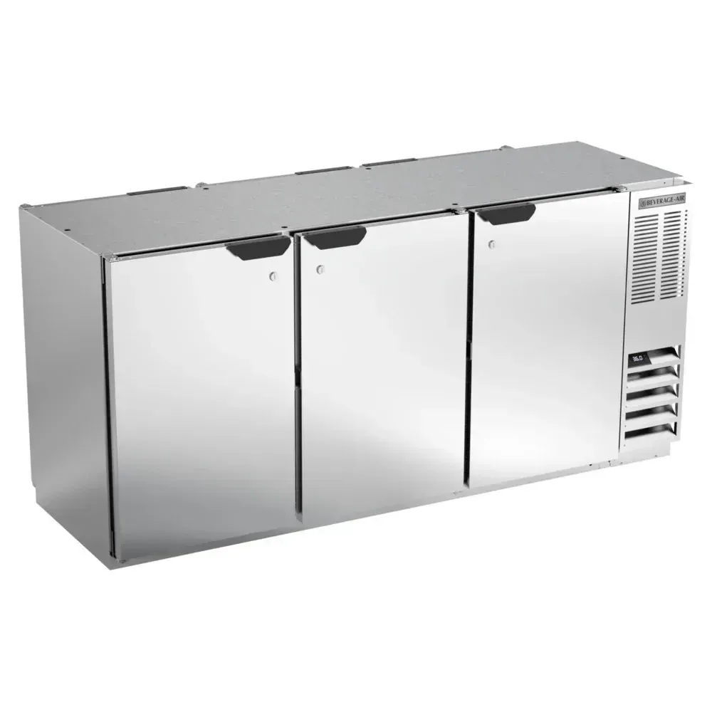 Stainless underbar pass-through back bar refrigerator by Beverage-Air with solid doors, designed for dual-sided bar access and smooth workflow.