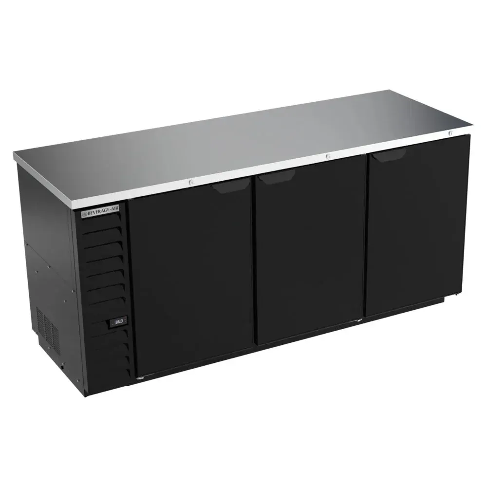 Black counter height back bar refrigerator by Beverage-Air with solid doors, ideal for beverage storage in commercial hospitality settings.