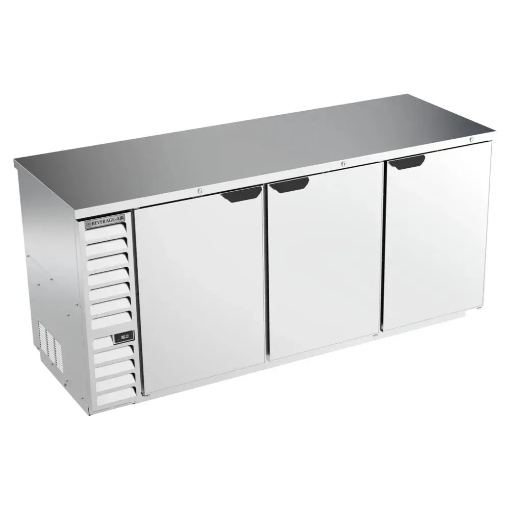 Stainless steel back bar refrigerator from Beverage-Air with solid doors and counter height build, ideal for professional beverage service.