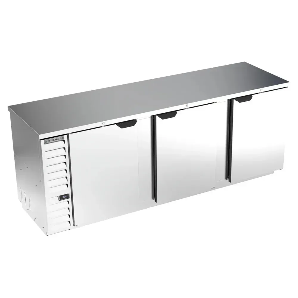 Stainless steel counter height back bar refrigerator from Beverage-Air with solid doors, perfect for storing drinks and essential bar ingredients.