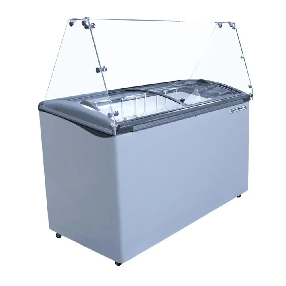 Ice cream dipping cabinet by Beverage-Air with hydrocarbon refrigeration and curved glass, ideal for frozen dessert display and customer service.