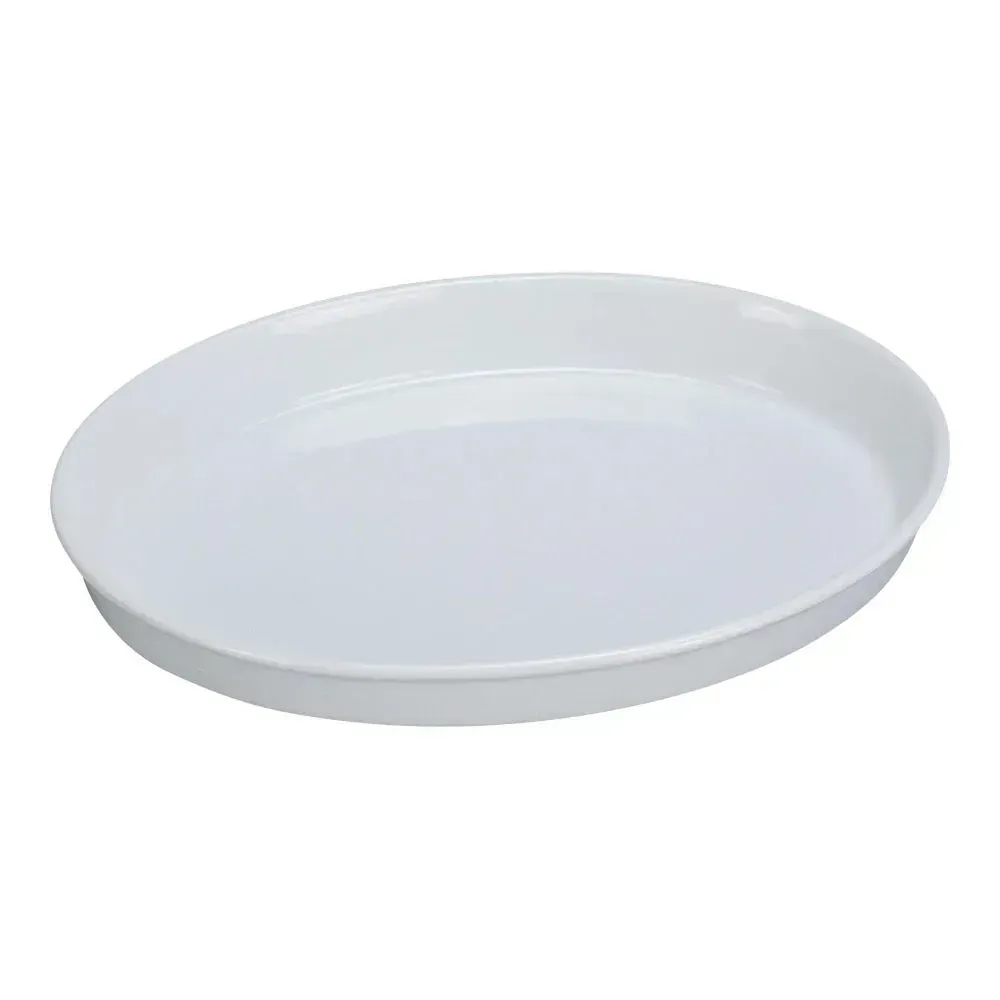 Small oval deep plate made of white chinaware from Yanco China, great for side dishes, desserts, or smaller servings in both casual settings.